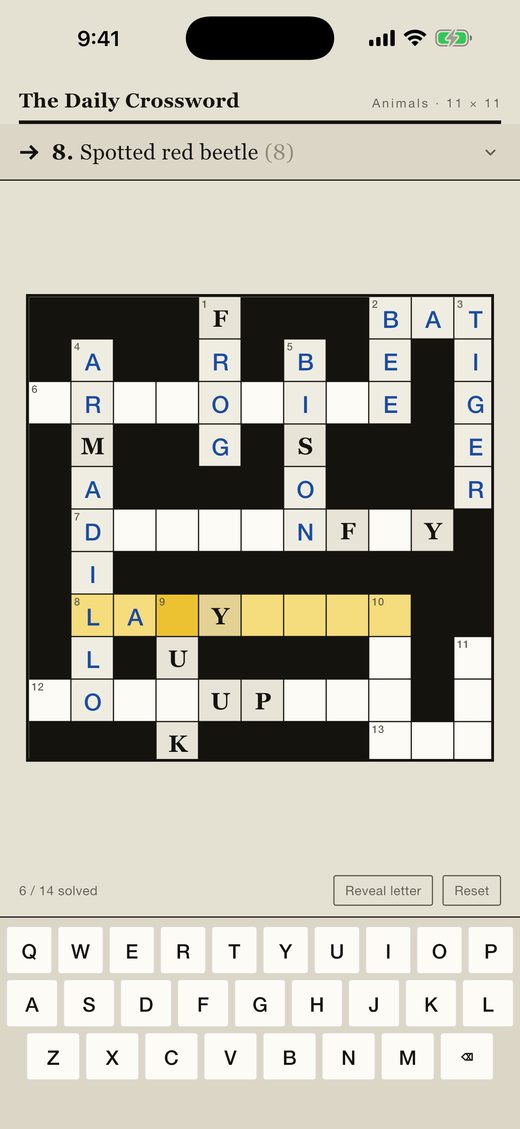 An English crossword grid about animals, partly solved.