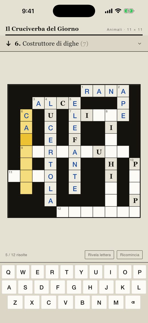 An Italian crossword grid, partly solved.