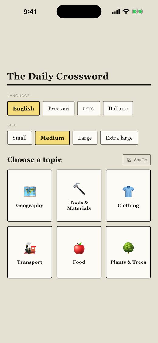 The topic chooser, showing language and grid-size options above six topic cards.