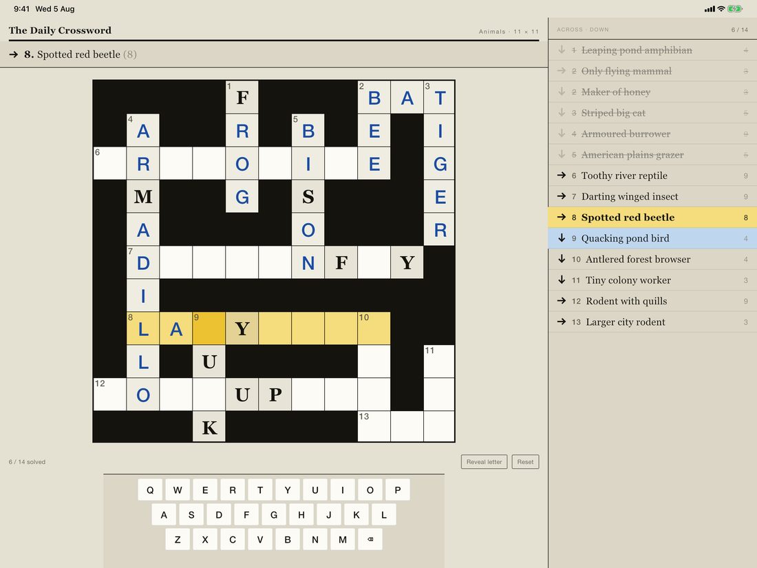 CrossLangWord on iPad in landscape, with the grid on the left and a permanent clue sidebar on the right.