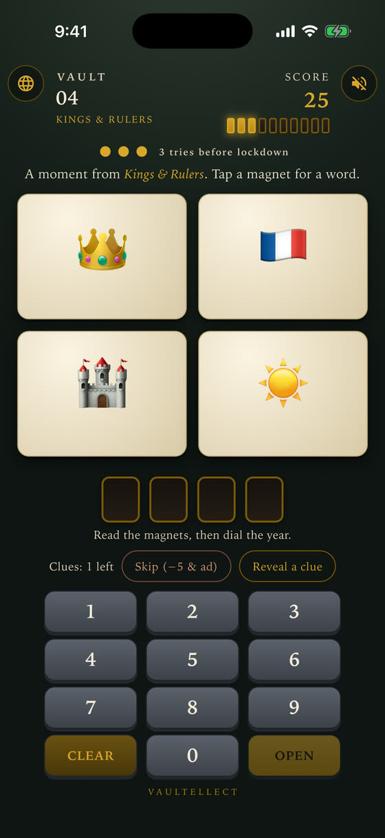 Vaultellect gameplay: four emoji magnets above a number keypad